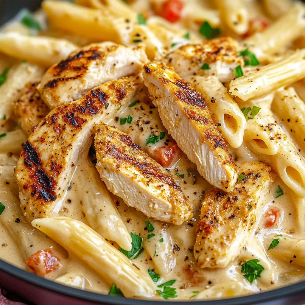 Ein Schmelztopf mit Pasta, Chicken und Tomaten.